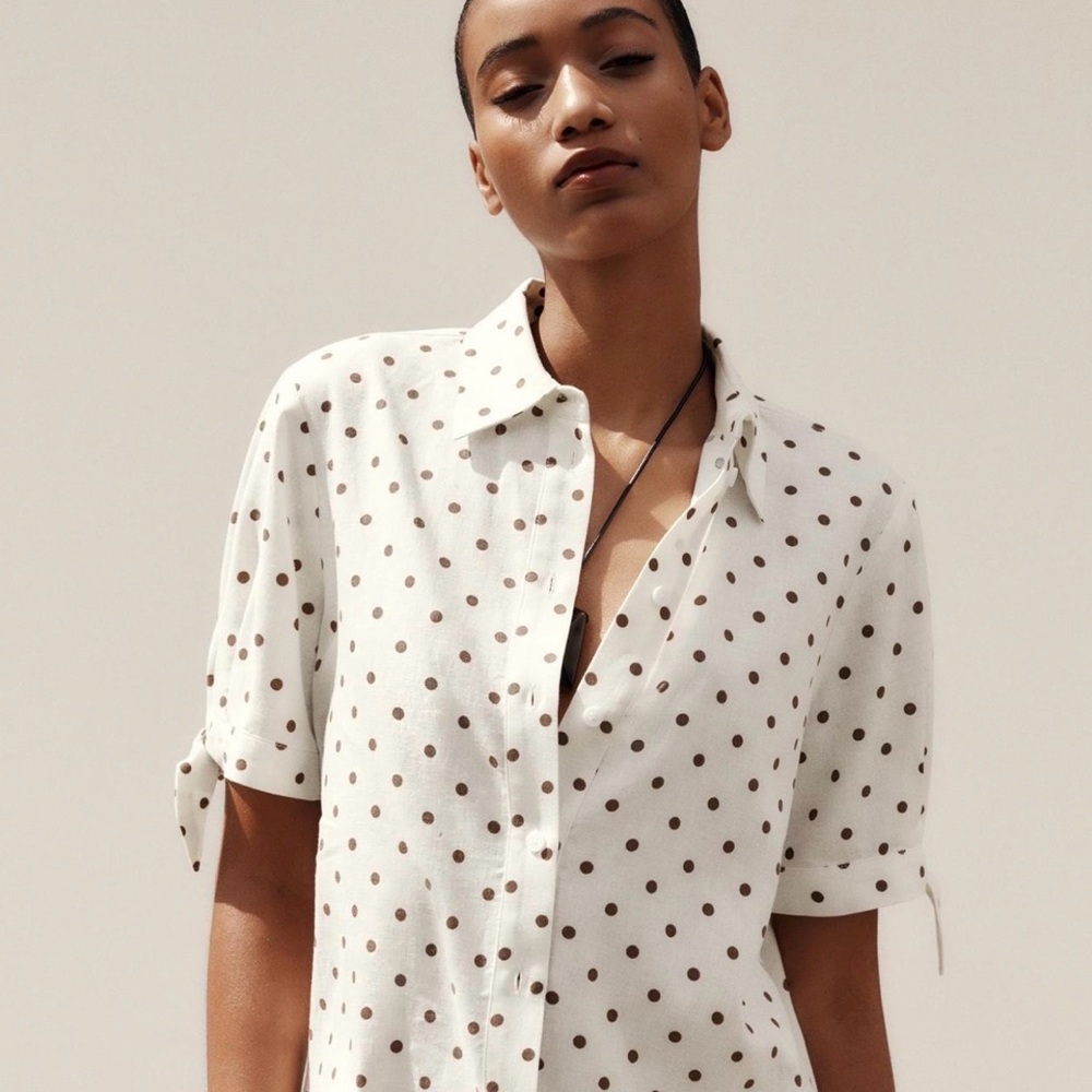 Zara Polka Dot Linen Blend Blouse Sz M Short Sleeves Shirt Top 8128/510